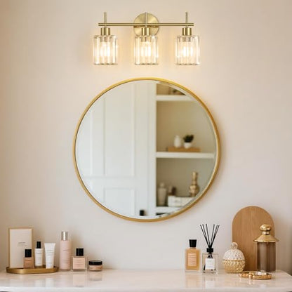 Brushed Gold Bathroom Light Fixtures, Square, 3-Light | Vanity Lights with Crystal Shades, Modern Bathroom Lighting Fixtures over Mirror (Bulbs Not Included, E26) - color: Brushed Gold (Square), size: 3-Light