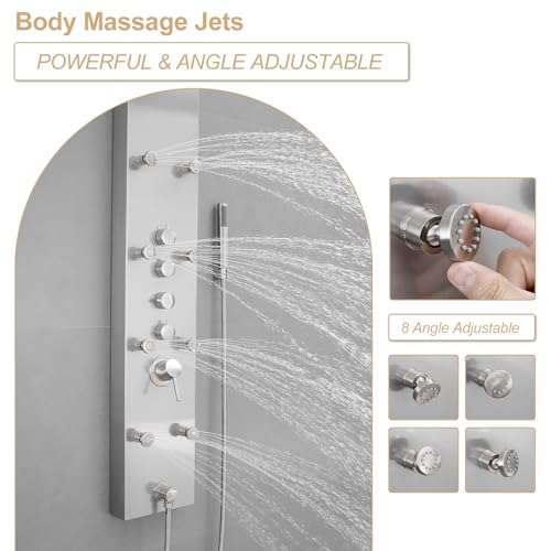 Brushed Nickel Shower Panel System Stainless Steel Rainfall Shower Tower | 4-Functions with 8 Adjustable Water Massage Nozzles Handheld Showerhead Wall Mounted Shower Panels by BATHLAVISH - color: Nickel