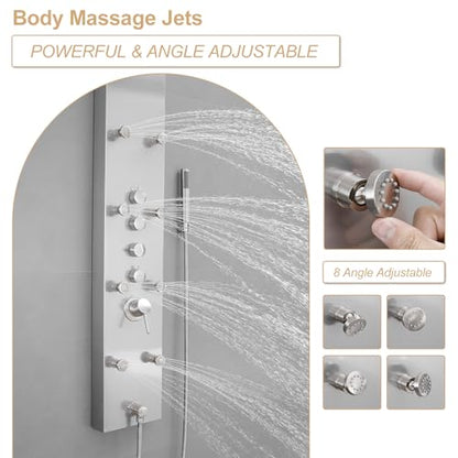 Brushed Nickel Shower Panel System Stainless Steel Rainfall Shower Tower | 4-Functions with 8 Adjustable Water Massage Nozzles Handheld Showerhead Wall Mounted Shower Panels by BATHLAVISH - color: Nickel