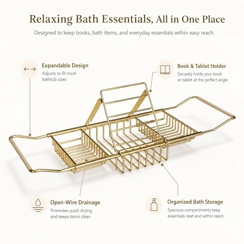 Bathtub Caddy Tray for Tub, Expandable Stainless Steel Bath Tray with Book Holder, Over Tub Organizer Rack for Tablet, Soap, Towel, Spa Bath Accessories(Rose Gold)