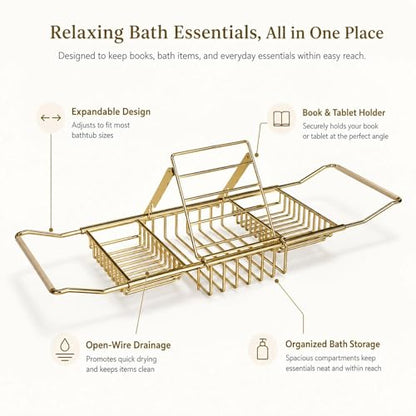 Bathtub Caddy Tray for Tub, Expandable Stainless Steel Bath Tray with Book Holder, Over Tub Organizer Rack for Tablet, Soap, Towel, Spa Bath Accessories(Rose Gold)