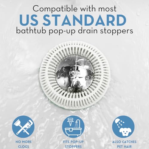 TubRing Pop-Up Drain Protector & Strainer Silicone Hair Catcher, White | Easy snap-in design fits around bathtub stoppers. Customizable utility guard for clog prevention. Fits 1.85"- 2.16" drains. - color: White