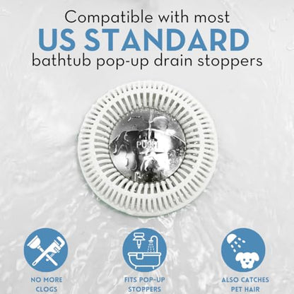 TubRing Pop-Up Drain Protector & Strainer Silicone Hair Catcher, White | Easy snap-in design fits around bathtub stoppers. Customizable utility guard for clog prevention. Fits 1.85"- 2.16" drains. - color: White