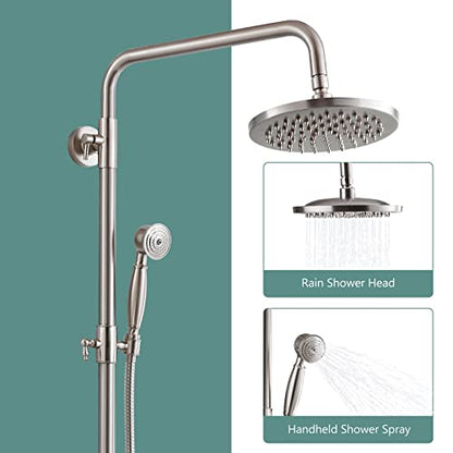 Heyalan Dual Shower System, 8 Inch Rain Head, Handheld,Brushed Nickel | Dual shower system with 8 inch rain head, handheld sprayer, exposed pipe design, two-handle control, and brass body. - color: Brushed Nickel