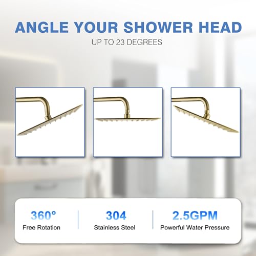 Solid Metal Large Rain Shower Head, Square High Flow Ceiling Rainfall Shower Head with Shower Arm and Flange, Reinforced Explosion-Proof Stainless Steel Construction (12-Inch, Brushed Gold) - color: Brushed Gold, size: 12 Inch