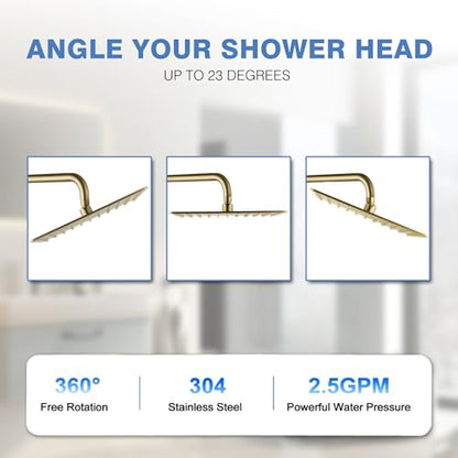 Solid Metal Large Rain Shower Head, Square High Flow Ceiling Rainfall Shower Head with Shower Arm and Flange, Reinforced Explosion-Proof Stainless Steel Construction (12-Inch, Brushed Gold) - color: Brushed Gold, size: 12 Inch