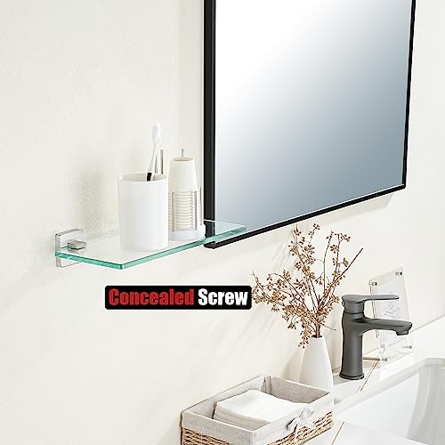 JQK Bathroom Glass Shelf, Floating Tempered Glass Shower Storage 12 by 5 inches, 304 Stainless Steel Brushed Finish Wall Mount 2 Pack, TGS201L12-BN-P2 - color: Brushed Steel, size: 12 Inch(2 Pack)