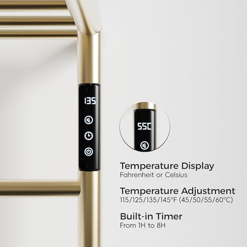 Towel Warmers for Bathroom, Stainless Steel Heated Towel Racks with Top Shelf, Wall Mounted Towel Heater with Intelligent Touch Screen Timer & Temperature Adjustment, Plug-in/Hard-Wired, Brushed Gold - color: Brushed Gold, size: 3-Bar with Top Shelf