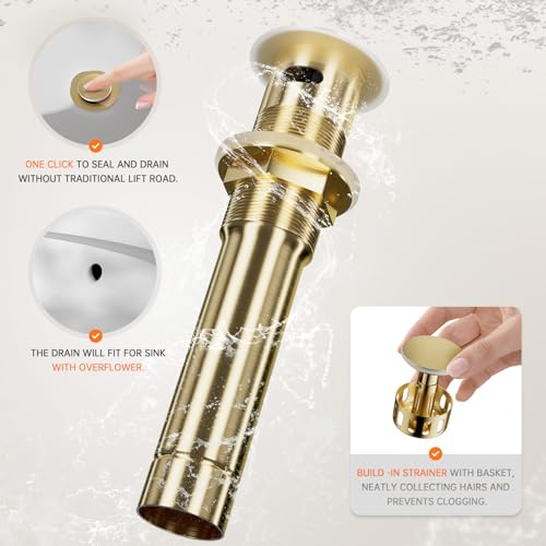 Phiestina Brushed Gold 2-Handle 4 Inch Centerset Single Hole Bathroom Faucet with Drain,Deck Plate and Supply Hoses, Fit for 1 or 3 Hole, SGF002-10-BG