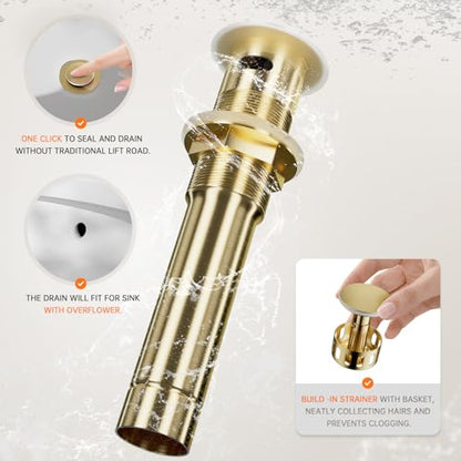 Phiestina Brushed Gold 2-Handle 4 Inch Centerset Single Hole Bathroom Faucet with Drain,Deck Plate and Supply Hoses, Fit for 1 or 3 Hole, SGF002-10-BG