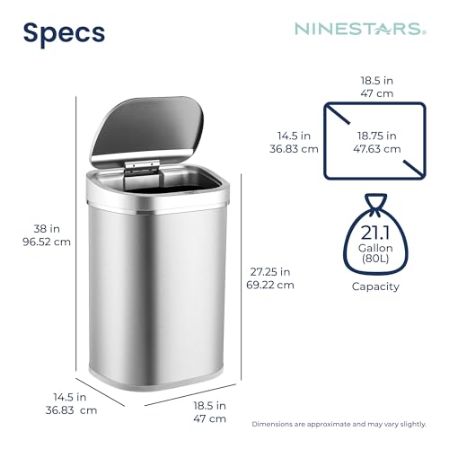 Ninestars DZT-80-35 Deluxe Automatic Touchless Infrared Motion Sensor Trash Can, 21 Gal 80L, Heavy Duty Stainless Steel Base (Oval, Silver/Brush Lid) Trashcan, Ss
