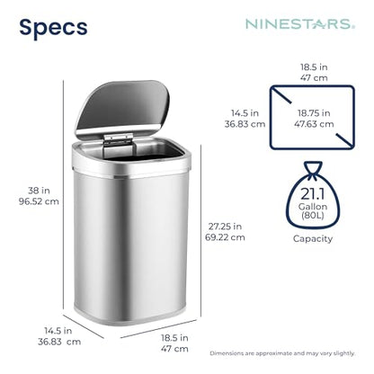 Ninestars DZT-80-35 Deluxe Automatic Touchless Infrared Motion Sensor Trash Can, 21 Gal 80L, Heavy Duty Stainless Steel Base (Oval, Silver/Brush Lid) Trashcan, Ss