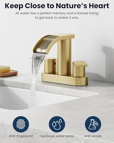 gotonovo 4’’ Centerset Bathroom Sink Faucet Waterfall Brushed Gold | SUS304 Bathroom Faucet,2.17’’ Wide Spout,24’’ cUPC Water Line,Pop up Drain,2 Handle,Basin,Vanity,RV,Lavatory 2 or 3 Hole Sink - color: Gold