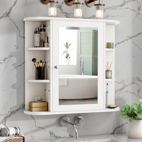 Bathroom Medicine Cabinet, Bathroom Mirror Cabinet Wall Mounted with 6 Side Open Shelves, White Wall Cabinet with Mirror, White - color: White