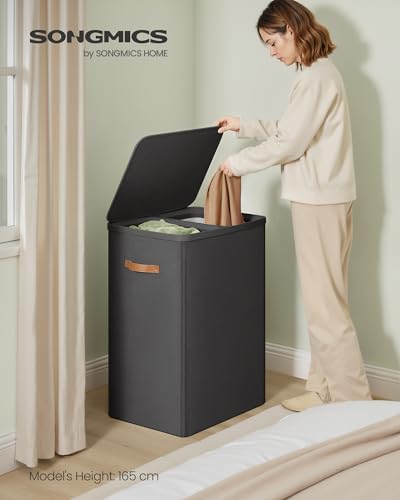 SONGMICS Laundry Basket, 44.9 Gal. Laundry Hamper, 2 Compartments, Easy Assembly, with Lid and Handles, Removable Liners, 22 x 15.7 x 29.5 Inches, Ink Black ULCB813B01 - color: Ink Black, size: 170 L (2-Section)