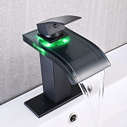 AVSIILE LED Bathroom Sink Faucet, Matte Black Waterfall Single Hole Handle Vanity Faucets for Sinks 1 Hole with Metal Pop Up Drain and 2 Water Supply Lines, Wide Glass Spout - color: Matte Black