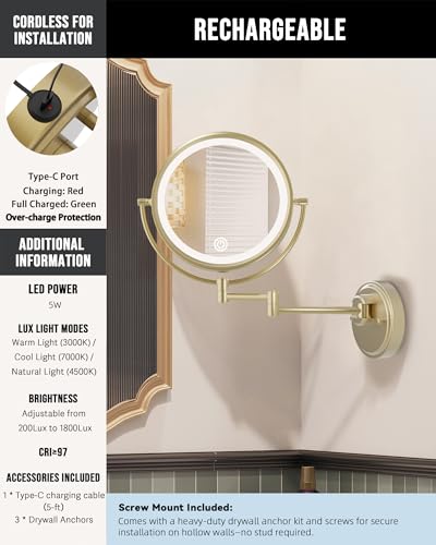10" Lighted Wall Mount Magnifying Mirror Rechargeable, Satin Brushed Gold | 1X/5X Double-Sided Bathroom Makeup Vanity, 3 Color Lighting Touch Dimmable, 360 Rotation Extended Swing Arm, Brass Frame - color: Satin Brushed Gold