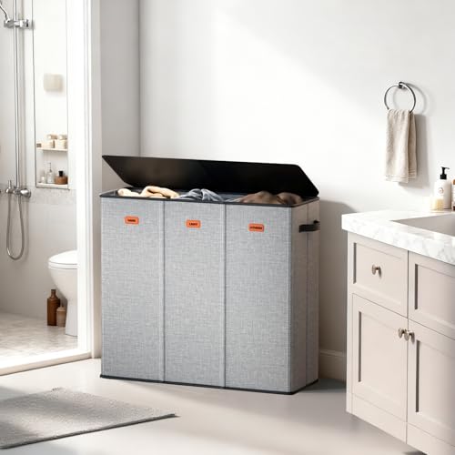 185L Laundry Hamper 3 Section with Lid, Grey Hamper 3 Compartment with 3 Removable Laundry Bags, Large Laundry Basket for Bedroom, Laundry Room, Dorm - color: Grey