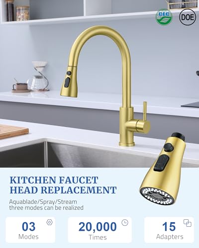 Kitchen Faucet Spray Head Replacement, Pull Down Sprayer with 15 Adapters | Pull Out Faucet Spray Nozzle, 3 Modes Stream/Spray/Strong Spray, DOE CEC Certified, Simple Installation, Brushed Gold - color: Gold Brushed
