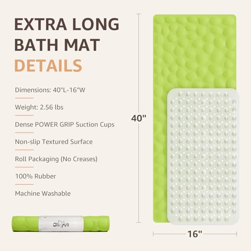 Bligli Bathtub Mat Non Slip, 16x40 inch Extra Long Bath Tub Mat with Strong Suction Cups, Soft Rubber Bathroom Floor Mat, Machine Washable, 100% BPA Free (Green) - color: Green, size: 40" x 16" (Rectangular)