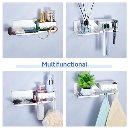 Bar Soap Holder for Shower Wall, Adhesive Soap Dish, Silver | Self-draining Soap Tray for Bathroom, Stainless Steel Soap Stand, with Baffle & 5 Hooks for Loofah, Razor, Toothbrush