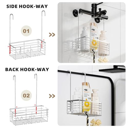 SHANSHUI Shower Hanging Caddy, Bathroom Shower Organizer Basket, Shampoo Bracket, Over Door Showers Rack with Hooks, 304 Stainless Steel Rustproof - size: 11"D x 4.7"W x 13.6"H