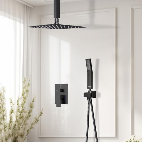 STARBATH Shower Faucet Set Shower System with Diverter Valve, Matte Black | 8" Ceiling Mount Rain Shower Head and Handheld Spray for Two Person, Shower Set with Valve and Trim Kit Complete - color: Matte Black, size: 8"-02