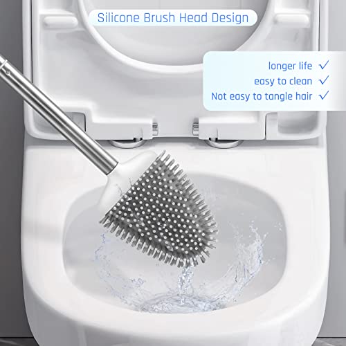 Silicone Toilet Brush, Ventilation Slots Base Holder 2 Pack, White | Flexible Bristles Flat Head for Rim, Hair Tangle-Free, Easy to Clean, Compact Design, Rustproof Handle, for Toilet/Sink/Tub - color: White-2pcs