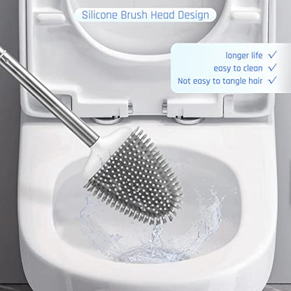 Silicone Toilet Brush, Ventilation Slots Base Holder 2 Pack, White | Flexible Bristles Flat Head for Rim, Hair Tangle-Free, Easy to Clean, Compact Design, Rustproof Handle, for Toilet/Sink/Tub - color: White-2pcs