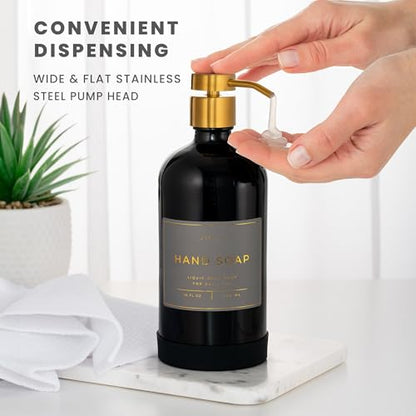 Hand and Dish Soap Dispenser for Kitchen and Bathroom, Set of 2 16 Oz Glass Bottles, Stainless Steel Pumps, Non-Slip Silicone Base, 27 Waterproof Labels (Gloss Black Bottle/Brushed Gold Pump) - color: Gloss Black Bottle / Brushed Gold Pump