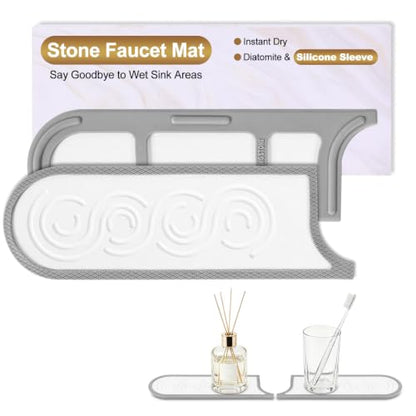 Faucet Mat for Kitchen Sink with Airflow Silicone Sleeve, Instant-Dry Diatomaceous Stone Sink Protector Tray Around Faucet for Kitchen, Bathroom, RV (White Wave, 23.2" x 3.9" x 0.47") - color: White Wave - Grey Silicone Edge