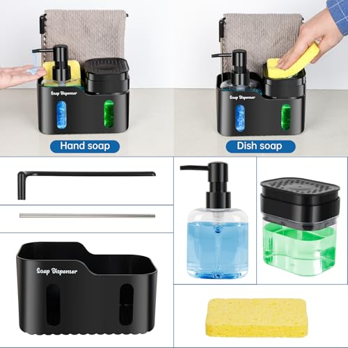Hand Soap and Dish Soap Dispenser Set for Kitchen, Dual Soap Dispenser with Sponge Holder and Dishcloth Holder 4-in-1 Organizer for Kitchen Sink Countertop, Useful Kitchen Gadgets (Black) - color: Black