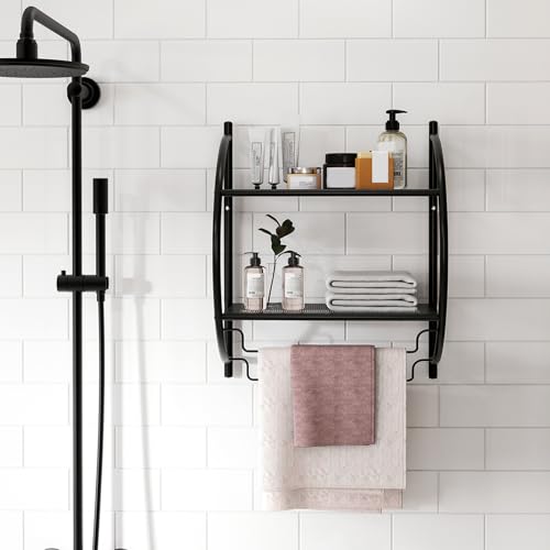 Tangkula 2-Tier Chrome Bathroom Shelf, Modern Wall-Mounted, 18" W x 10" D x 22" H, Towel Rails & Tiered Shelves, Rustproof, Heavy Duty (Black) - color: Black