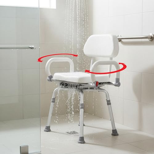 Swival Shower Chair with Padded seat for Inside ShowerFor Senior, Bath Seat | Sit Securely While Bathing - White, padded seat, padded armrests, swivel seat, tool-free assembly, 600 lb