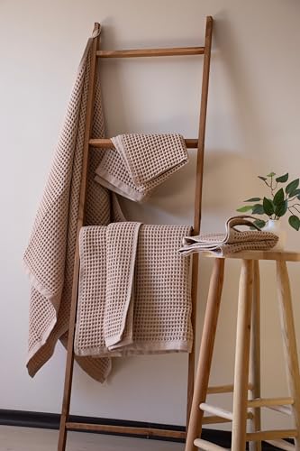 PÜSKÜL - Turkish Waffle Weave Towel Set - 100% Turkish Cotton Long-Staple Cotton, 4-Piece Bathroom Set (2 Bath, 2 Hand Towels) - Made in Turkey (Beige, Towel Set - 2 Hand & 2 Bath Towels) - color: Beige, size: Towel Set - 2 Hand & 2 Bath Towels