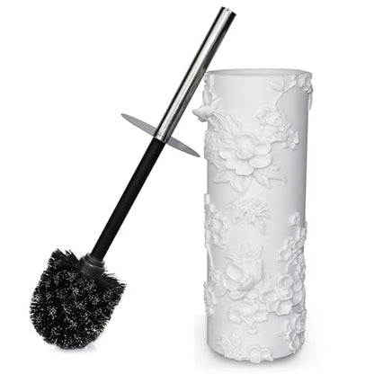 White Floral Branches Design Resin Toilet Bowl Brush and Holder Set, Elegant Bathroom Cleaning Tool with Durable Bristles, Compact and Functional - style: White Branches