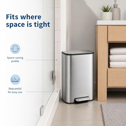 GarveeHome 3.2 Gal Stainless Steel Bathroom Trash Can with Lid, Silver | Rectangular Small Step Waste Bin, Hands-Free Foot Pedal, Removable Inner Bucket, Quiet Close, for Bedroom Restroom - color: Stainless Steel, size: 12 L