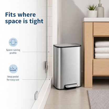 GarveeHome 3.2 Gal Stainless Steel Bathroom Trash Can with Lid, Silver | Rectangular Small Step Waste Bin, Hands-Free Foot Pedal, Removable Inner Bucket, Quiet Close, for Bedroom Restroom - color: Stainless Steel, size: 12 L