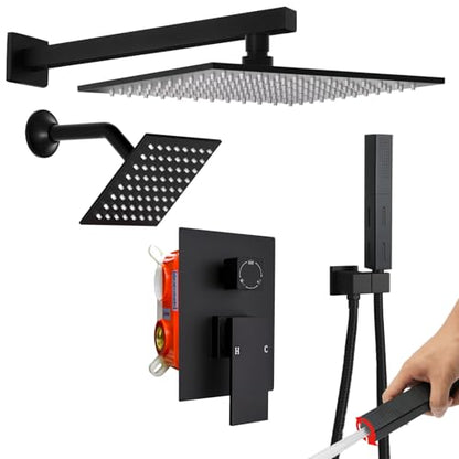Enga Shower Faucet Set Shower System, Dual Shower Heads 10'' Rainfall with 6'' Wall Shower Head, 2 in 1 Handheld Spray with Valve Kit, Matte Black - color: Matte Black, style: Wall-10"+6" Head