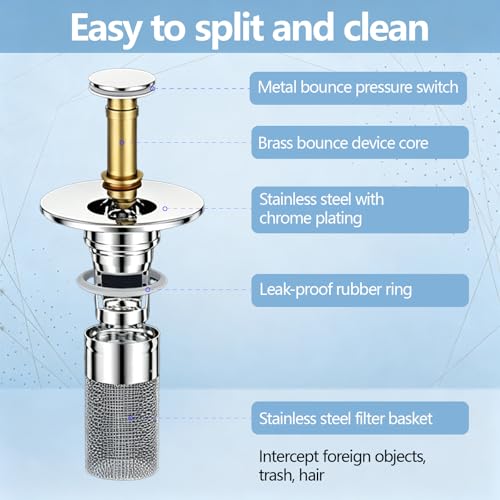 2PCS Bathroom Sink Drain Strainer, Pop-up Stopper Hair Catcher with Stainless Steel Filter Basket, Universal Replacement Drain Plug for Bathroom Sinks