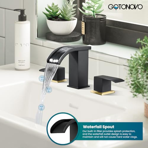 gotonovo Waterfall Bathroom Faucet 3 Hole Square Body,Black&Brushed Gold | SUS304 8’’ Widespread Bathroom Sink Faucet,2.17’’ Wide Spout,24’’ cUPC Hose,Pop Up Drain,2 Handle,Vanity,Lavatory,Basin,RV - color: Black&Gold