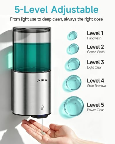 AIKE Automatic Soap Dispenser IPX7 Waterproof 13.5oz Stainless Finish | No-Drill and Screws for Mounting,Space Saving,Adjustable 5 Levels Precise Dispense for Bathroom,Easy Refill Wide Opening - color: Brushed Stainless Steel