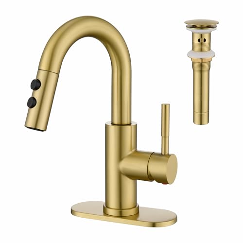 Bathroom Faucet with Sprayer, Brushed Gold Single Hole with Pop-Up Drain | Kablle Single Handle Pull Out 1 or 3 Hole Laundry Bar Basin Faucet with Deck Plate, KBL-7002BG-CL - color: Brushed Gold