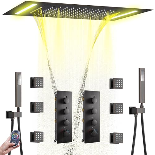 AYIVG Thermostatic Full Body Rainfall Shower System Dual 3 Way Diverter Valve 6 Function Ceiling Mount 14x20" ShowerHeads With 6 Jets 2 Handheld Shower Set (Oil Rubbed Bronze) - color: Oil Rubbed Bronze