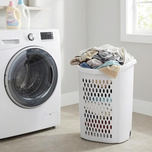 Plastic Laundry Hamper, Adult-Sized White Clothes Basket with Wheels, Large White Plastic Clothes Basket for Home, Dorm or Laundry Room