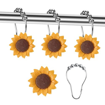 Sunflower Decorative Shower Curtain Hooks, Set of 12,Roller Ball, Stainless Steel, Flower Decor,Rustproof,Easy Install,Home Living & Bathroom Decor,Yellow and Brown Shower Rings