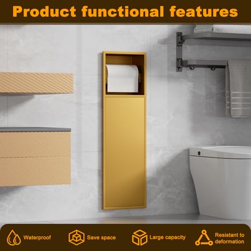 Recessed Toilet Paper Holder, in Wall 25" X 7" Toilet Paper Holder Storage, 304 Stainless Steel Tissue Roll Dispenser, Niche Shelf for Bathroom Space Saving Design, Gold