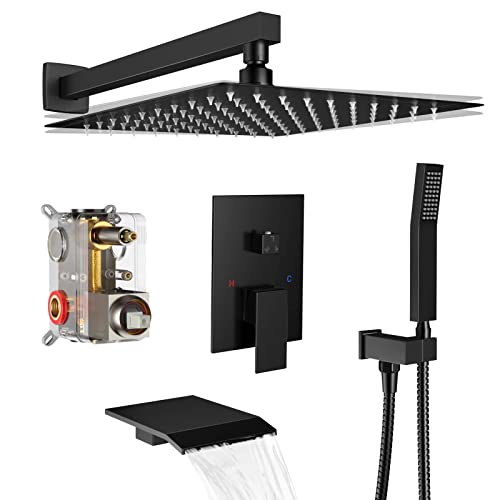 Matt Black Shower System Rain Faucet Set with Tub Spout, 10 inch | All-Metal Wall Mounted Bathroom Shower Faucet Set with Safe Pressure Balance Valve, Water Saving High Pressure Rainfall Head - color: Matte Black, style: 10in with Tub spout