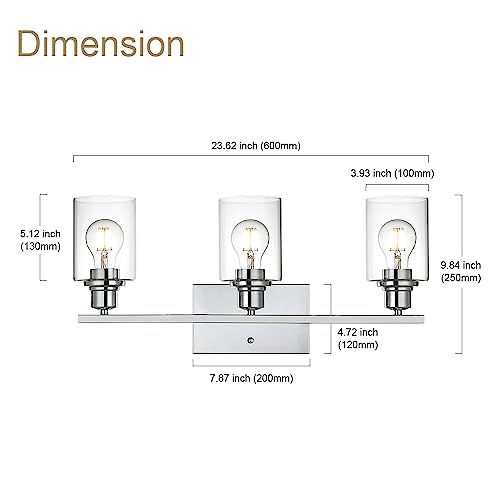 3 Light Wall Light Fixture with Clear Glass Shade Classic Bathroom Vanity Lighting Fixture in Chrome Finish Metal Wall Mounted Lamp for Powder Room Hallway - color: Chrome, size: 3 Light