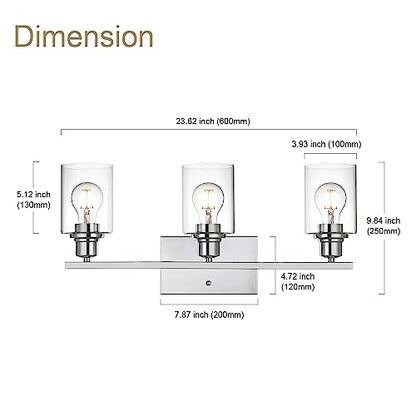 3 Light Wall Light Fixture with Clear Glass Shade Classic Bathroom Vanity Lighting Fixture in Chrome Finish Metal Wall Mounted Lamp for Powder Room Hallway - color: Chrome, size: 3 Light